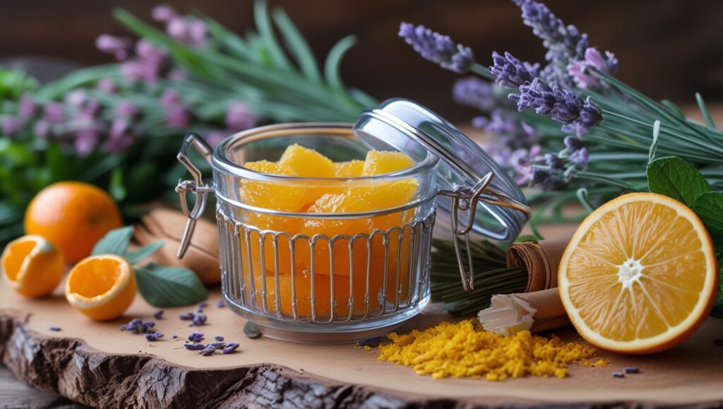 um frasco de vidro elegante com varetas, ao lado de ingredientes como cascas de laranja, paus de canela e flores de lavanda secas.