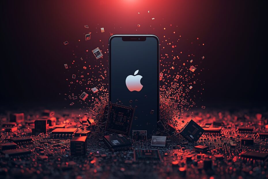 Ilustração da crise dos chips em 2026, com smartphone se partindo e chips de memória, enquanto Apple e Samsung aparecem estáveis no mercado